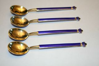 David Andersen Sterling Silver Cobalt Blue Enamel Spoons Boxed Set of 4 3
