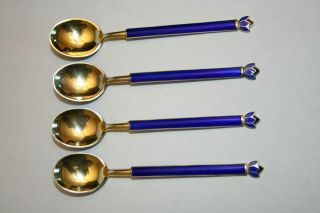 David Andersen Sterling Silver Cobalt Blue Enamel Spoons Boxed Set of 4 5