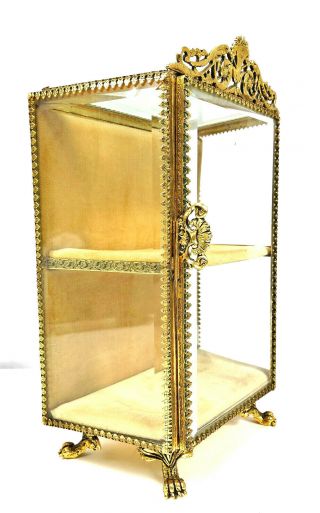 Vtg Large Gold Ormolu Filigree Beveled Glass Jewelry Casket Box Stylebuilt 24kt
