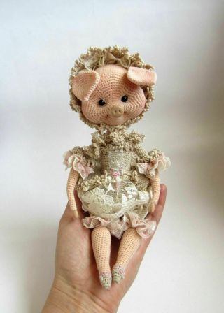 Ooak Collectible Crochet Vintage Pig,  Handmade Gift 10 In.