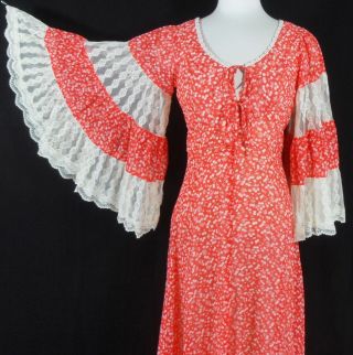 Vtg 70s Gunne Sax Gauzy Cherry Print Lace Angel Sleeve Prairie Maxi Dress S/m