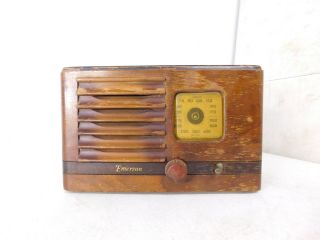 Vtg 1938 Antique Deco Table Top Tube Radio Emerson Baby Midget Wood Case Ax - 217