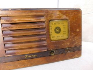 VTG 1938 Antique Deco Table Top Tube Radio Emerson Baby Midget Wood Case AX - 217 2