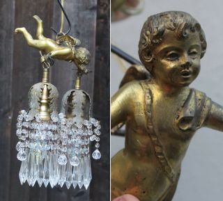 Flying Cherub Brass Vintage Chandelier French Spain Lamp Crystal Canopy Lily
