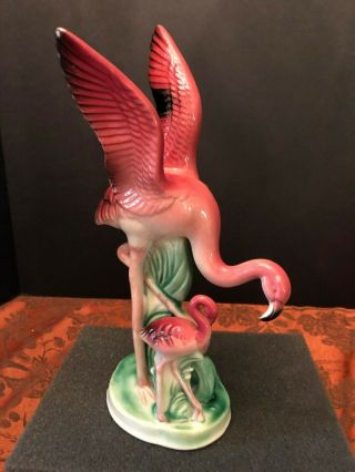 Vintage Lefton Occupied Japan 10 " Tall Pink Flamingo With Young Chick Figurine
