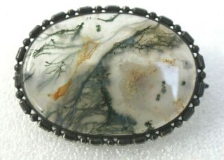 Old Vintage Victorian Era Moss Agate And Sterling Silver Oval Brooch Pin English
