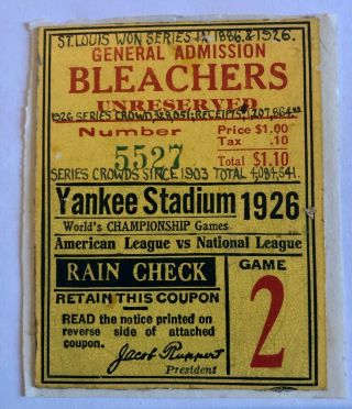 Vintage 1926 World Series Ticket Stub Game 2 St.  Louis Vs York Ruth Gehrig