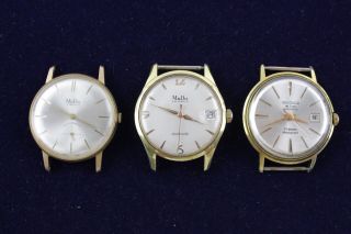 3 Vintage Gents Gold Tone Wristwatch Heads Hand - Wind Automatic Inc Mudu