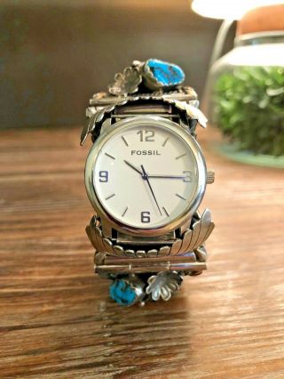 Sterling Silver Vintage Watch Bracelet With Turquoise & Faux Claw
