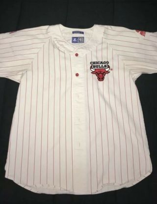 Vtg 90s Chicago Bulls White/red Baseball Nba Pinstripe Starter Jersey Throwback