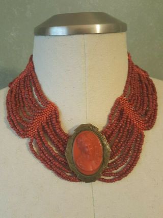 Vintage Coral Color Cameo Brooch And Bead Choker Necklace