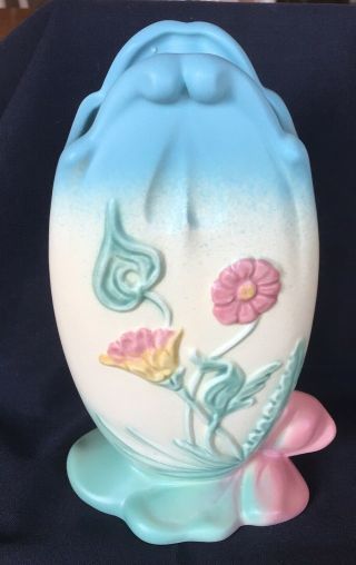 Vintage Hull Pottery Bow Knot Flower Vase B - 9 - 8 1/2” Pastel Turquoise/blue