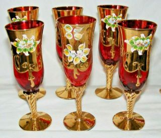 Vintage Set Of 6 Bohemian Champagne Flutes Glasses Red Gold Enamel Decoration