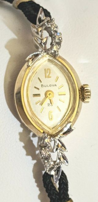 Womans Vintage 23 Jewel Bulova Signed 14k Gold & Diamond Watch