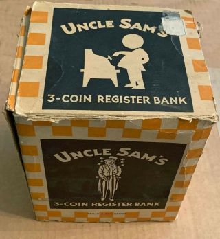 Vintage Toy Coin Register Bank 1940 ' s Uncle Sam ' s 3 Coin WWII Model BOX 7