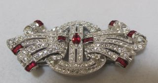 RARE Vtg Art Deco Convertible Triplette White Red Rhinestone 3 Pc Brooch Clips 4