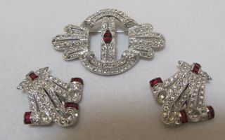 RARE Vtg Art Deco Convertible Triplette White Red Rhinestone 3 Pc Brooch Clips 7