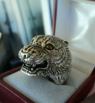 Vintage Adjustable Unusual Large Sterling Silver Leopard Head Ring - Size V