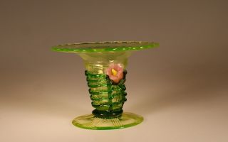 Vintage Deco Czech Vaseline Glass Vase With Applied Pink Yellow Flower C.  1930