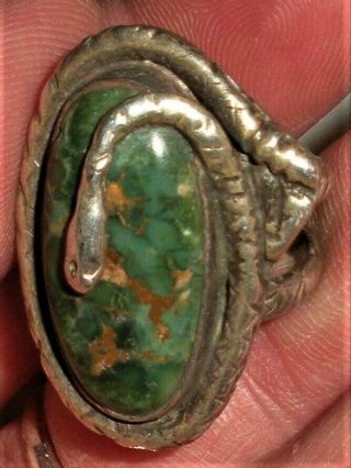 Antiqe C.  1920 - 30s Navajo Ingot Coin Silver Turquoise Ring Coiled Snake Vafo