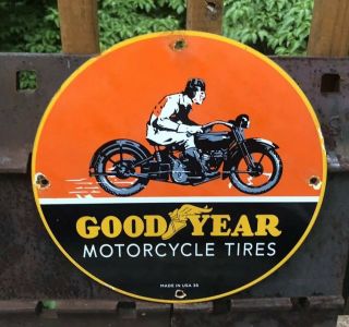 Vintage Goodyear Motorcycle Tires Porcelain Sign " Made Usa 36 " Harley Indian
