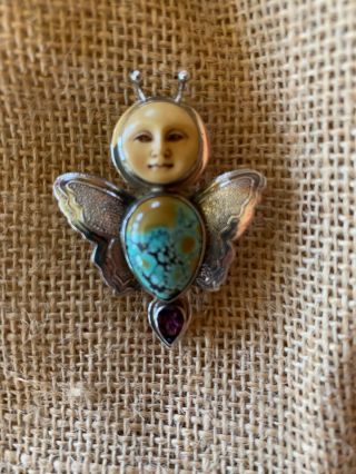 Rare Tabra Butterfly Pin/pendant Turquoise,  Amethyst And Carved Face Ooak