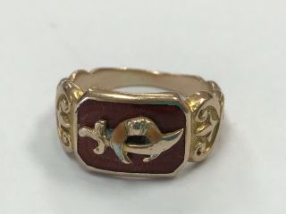 Vintage Masonic Shriner Ring With Scimitar Sword And Crescent Moon Emblems