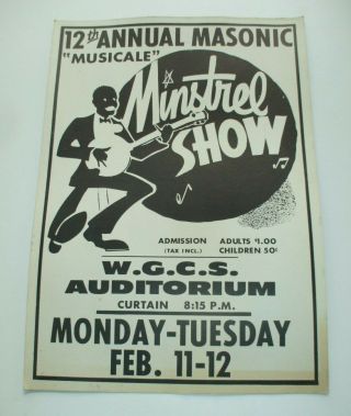 Vintage 12th Annual Masonic “musical” Minstrel Show Watkins Glen Poster