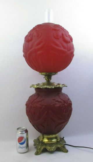 Rare Fenton Regal Iris - Satin Ruby Red Hurricane Gwtw Parlor Lamp (64c)