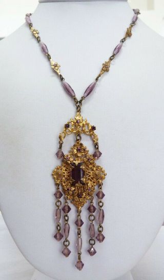 Vintage Art Deco Czech Purple Glass Crystals Dangle Filigree Flowers Necklace