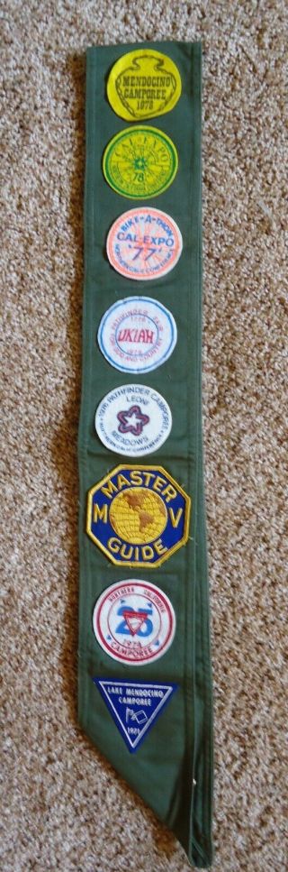 Vintage Sda Mv Club Pathfinder Sash With10 Pins,  23 Honor Patches,  & 9 Camporee