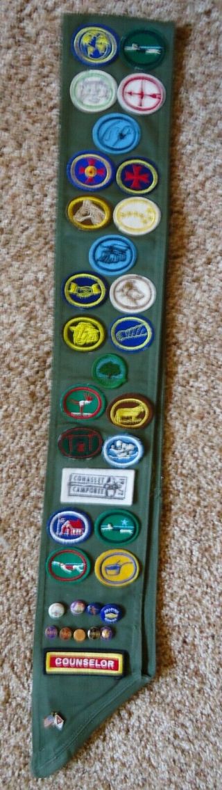 Vintage SDA MV Club Pathfinder Sash with10 Pins,  23 Honor Patches,  & 9 Camporee 2