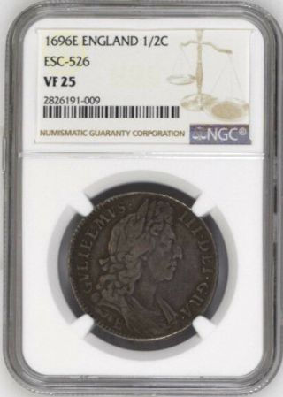Ngc Uk William Iii Half Crown 1696 - E (exeter) Rare Vf25 Spink $650