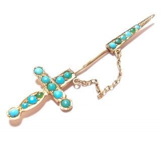 Antique Victorian 9ct Rose Gold & Turquoise Stone Sword Jabot Pin