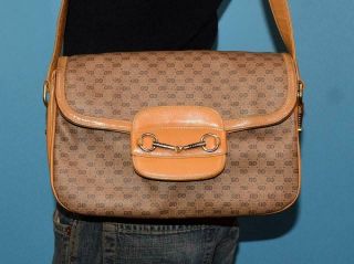 Vtg Gucci Brown Tan Signature Monogram Leather Small Shoulder Purse Bag Italy