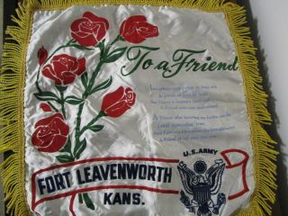 Vintage Us Army Wwii Friend Pillow Case Souvenir Silk Fort Leavenworth Kansas