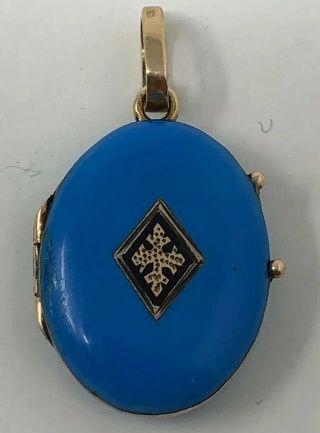 Antique 9ct Gold Victorian Civil War Era Robins Egg Blue Enamel Locket Pendant