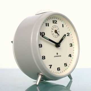 Junghans Vintage Alarm Clock Mantel Serviced Mid Century Metal Black White Grey