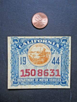 Vtg 1944 Wwii California Dmv Motor Vehicle License Decal Tag Rare Label