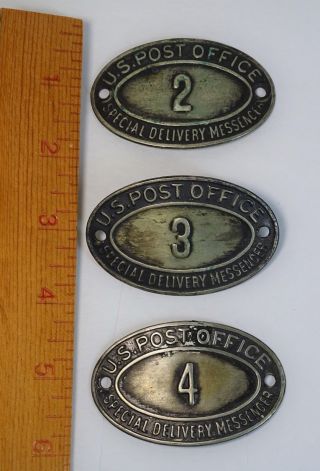 Rare - 3 Vintage Us Post Office Special Delivery Messenger Cap Badges 1930s