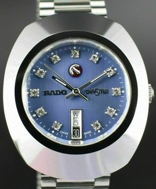 Vintage Rado Diastar Automatic Silver Blue Swiss Mens Wrist Watch White Diamond