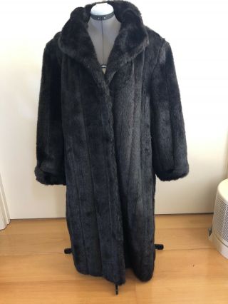 Vintage Usa Made Black Faux Mink Fur Full Length Coat 2x