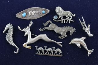 8 X Vintage.  925 Sterling Silver Animal Brooches Inc.  Ivan Tarratt Horse (62g)