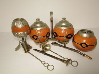 Vintage Yerba Mate Gourd Tea Set Bombilla Alpaca Silver 18k Tea Straw Argentina