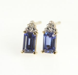 10k Emerald Cut Syn.  Sapphire Diamond Stud Earrings Yellow Gold 60