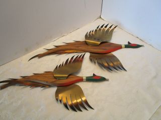Vintage Masketeers Wall Set 2 Flying Pheasants Wood Brass Wings Mid Century 28 "