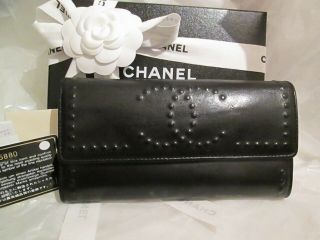 Auth Chanel Black Calfskin Studs Cc Long Limited Wallet,  Rare Full Set