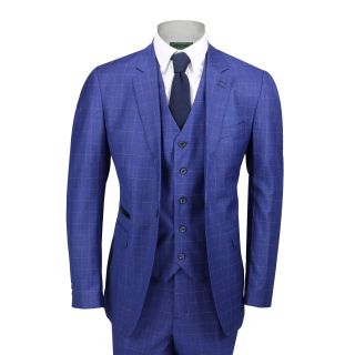 Mens 3 Piece Check Suit Royal Blue Vintage Tailored Fit Blazer Waistcoat Trouser