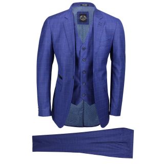 Mens 3 Piece Check Suit Royal Blue Vintage Tailored Fit Blazer Waistcoat Trouser 2