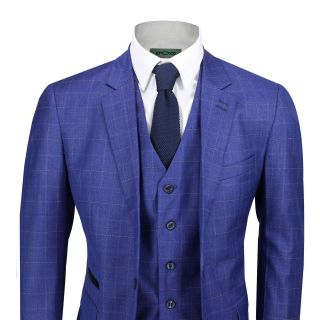 Mens 3 Piece Check Suit Royal Blue Vintage Tailored Fit Blazer Waistcoat Trouser 3